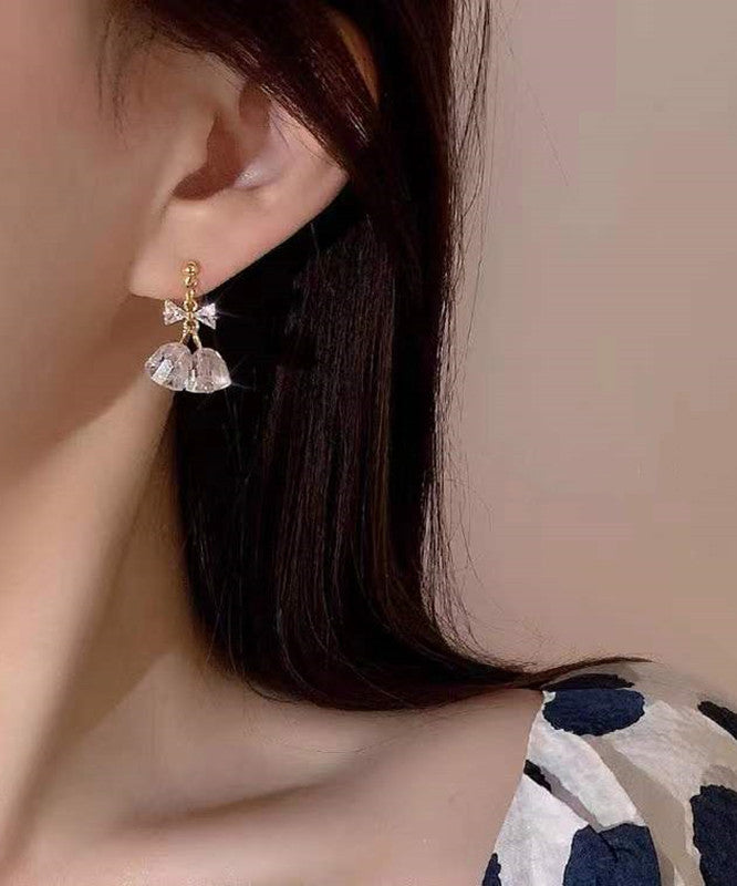 Gold Copper Overgild Zircon Bow Bell Drop Earrings