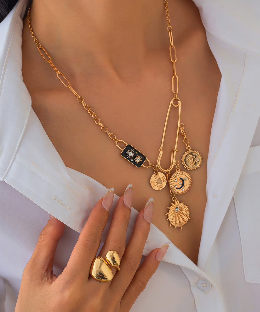 Gold Copper Alloy Zircon Pin Asymmetrical Cross Pendant Necklace