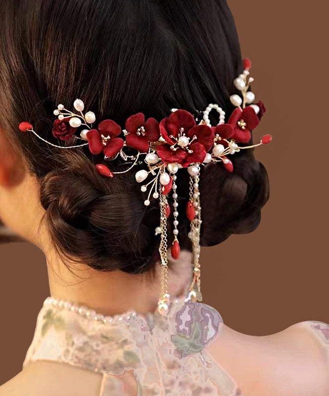 Red Sterling Silver Overgild Pearl Tassel Hairpin