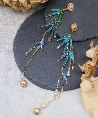 Blue Sterling Silver Overgild Bamboo Leaf Pearl Tassel Brooch