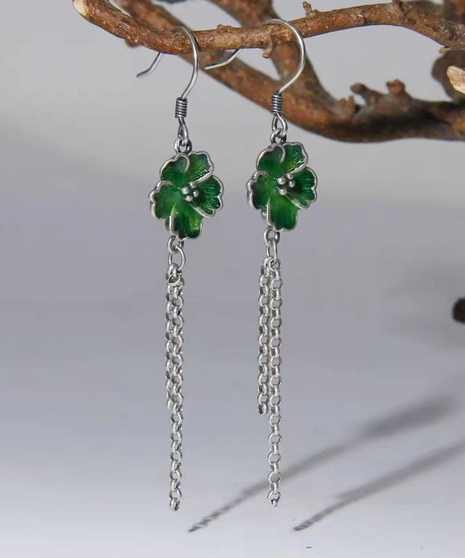 Green Tassel Patchwork Silver Drop Earrings