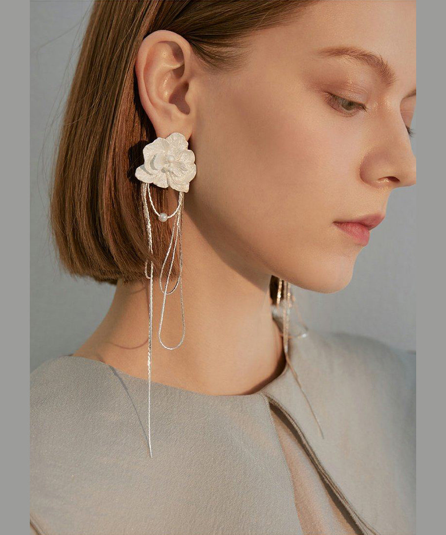 White Flower Tasseled Metal Drop Earrings