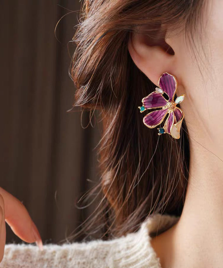 Retro Purple Sterling Silver Overgild Zircon Dripping Glaze Stud Earring