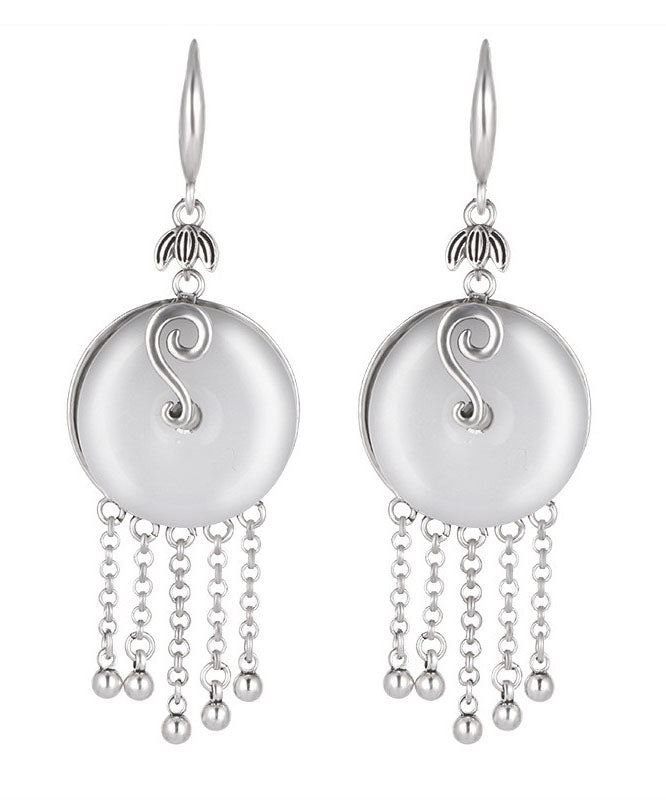 Silk Sterling Silver Inlaid Jade Tassel Drop Earrings