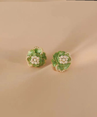 Green Sterling Silver Copper Pearl Stud Earrings