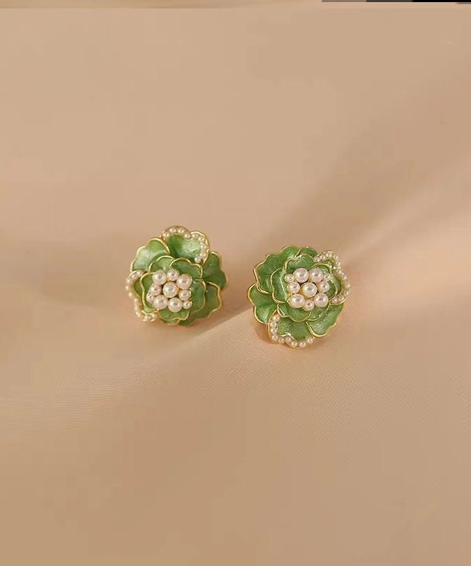 Green Sterling Silver Copper Pearl Stud Earrings