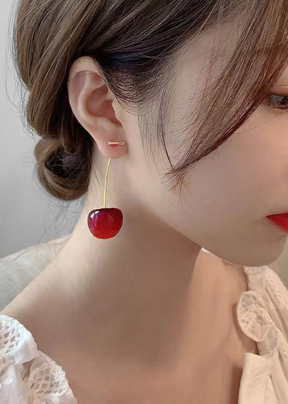 Style Red Cherry Made of Acrylic Silver Drop Earrings