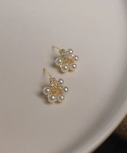 White Copper Overgild Zircon Pearl Stud Earrings