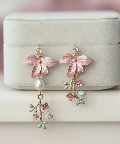 Modern Pink Copper Overgild Pearl Drop Earrings