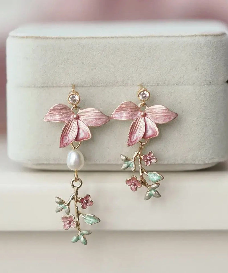 Modern Pink Copper Overgild Pearl Drop Earrings