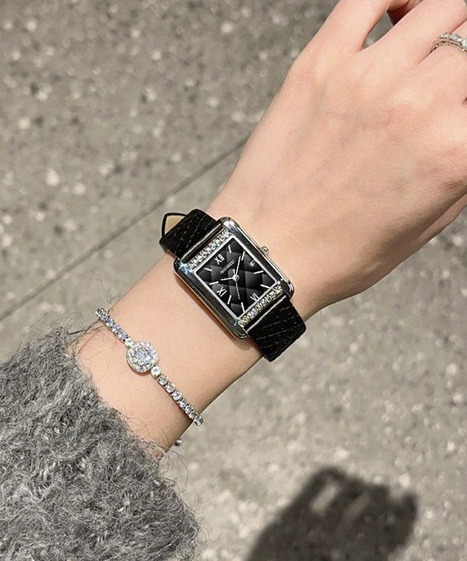 Black Leather Zircon Reinforced Glass Quartz Movement Watches