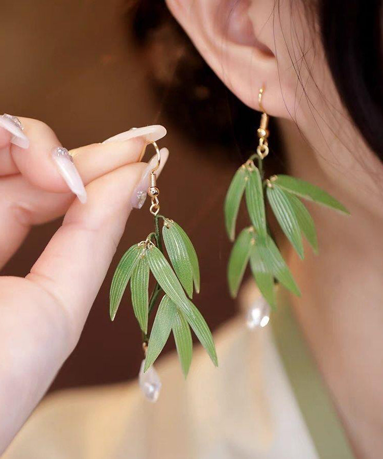 Green Sterling Silver Overgild Pearl Bamboo Leaf Drop Earrings
