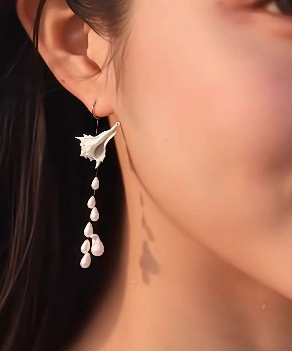 Silk Sterling Silver Rver Snail Pearl Tassel Drop Earrings