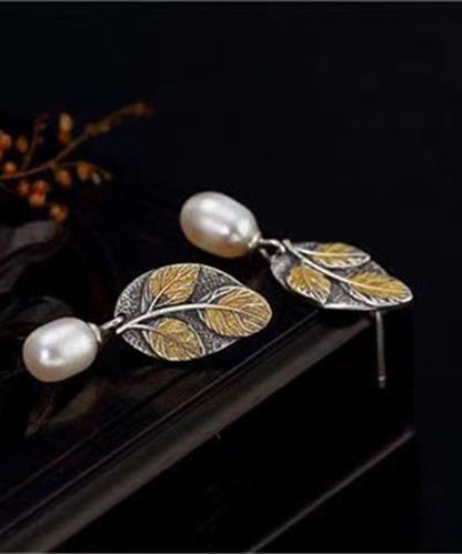 Colorblock Sterling Silver Pearl Leaf Drop Earrings