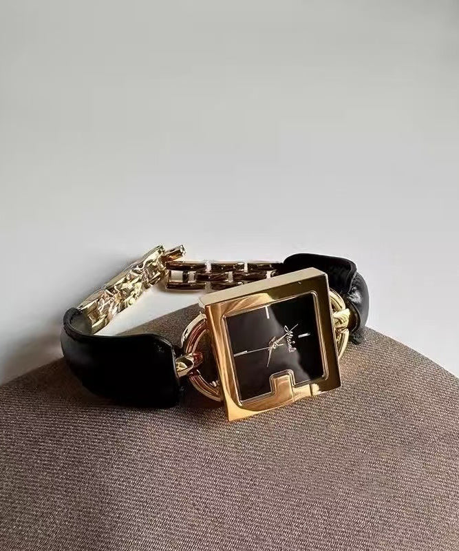 Brown Gold Leather Patchwork Chain Quartz Movement Square Watches
