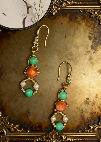 Stylish Orange Crystal and Fine Turquoise Drop Earrings