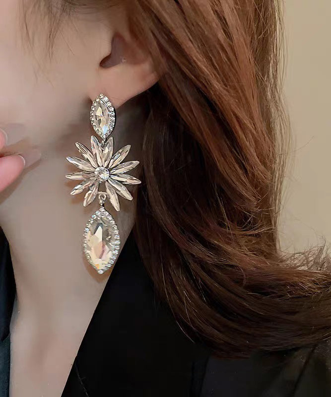White Alloy Zircon Water Droplet Drop Earrings