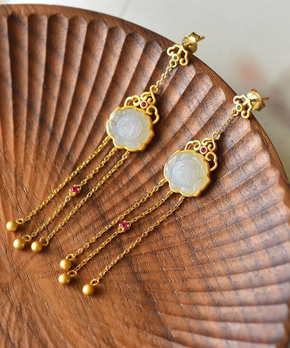 Yellow Sterling Silver Jade Tassel Drop Earrings