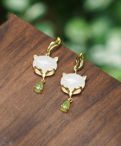 White Sterling Silver Overgild Jade Drop Earrings
