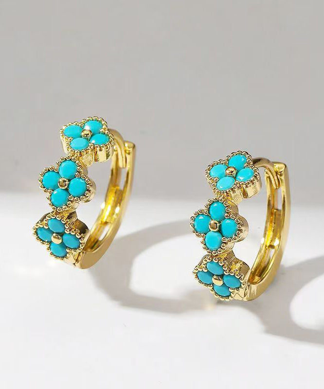 Gold Copper Inlaid Zircon Turquoise Four Leaf Clover Hoop Earrings