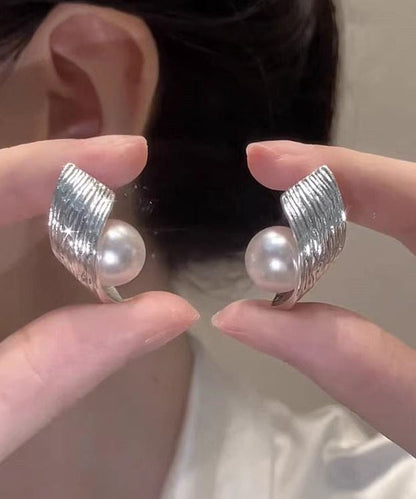 Stylish Silk Spiral Wire Drawing Pearl Silver Plated Stud Earrings