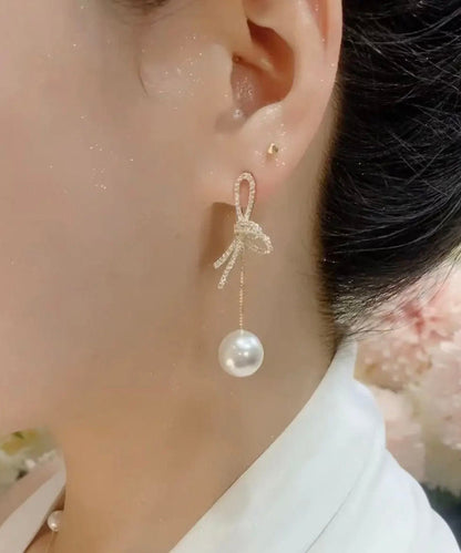 White Sterling Silver Alloy Bow Drop Earrings