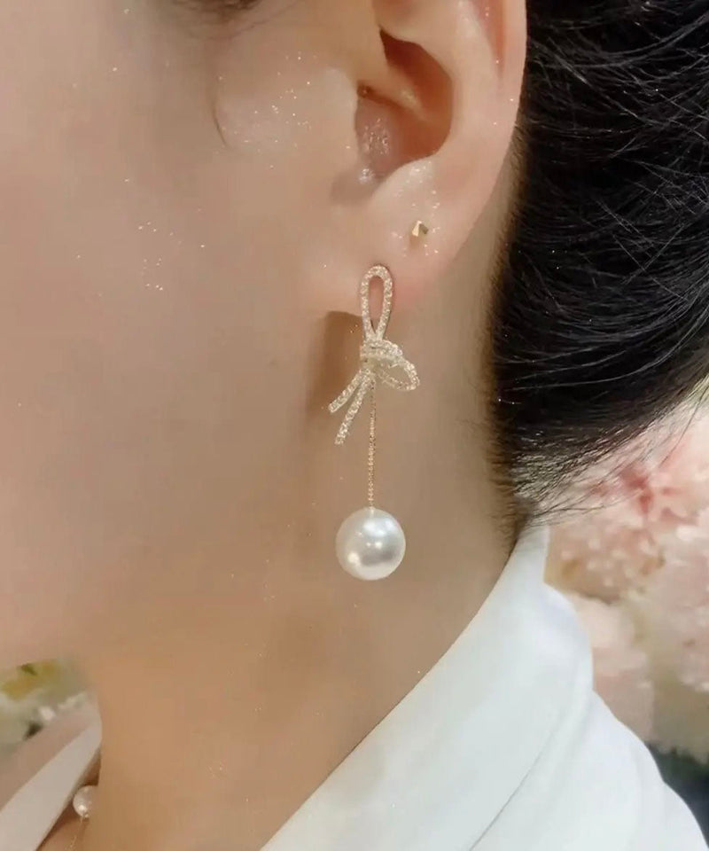 White Sterling Silver Alloy Bow Drop Earrings