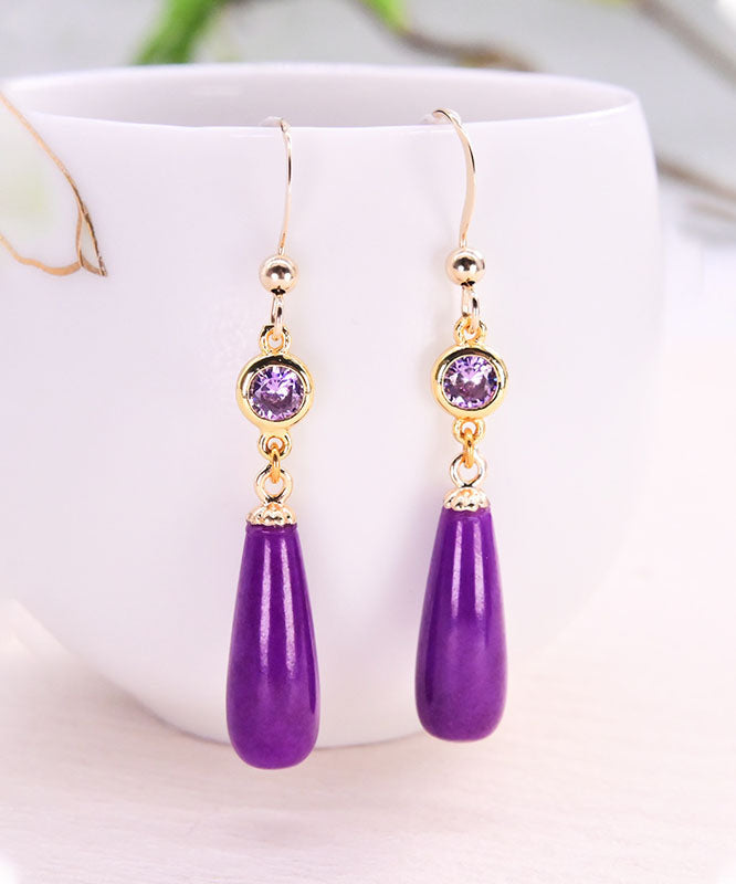 Stylish Purple 14k Gold Inlaid Mica Crystal Drop Earrings