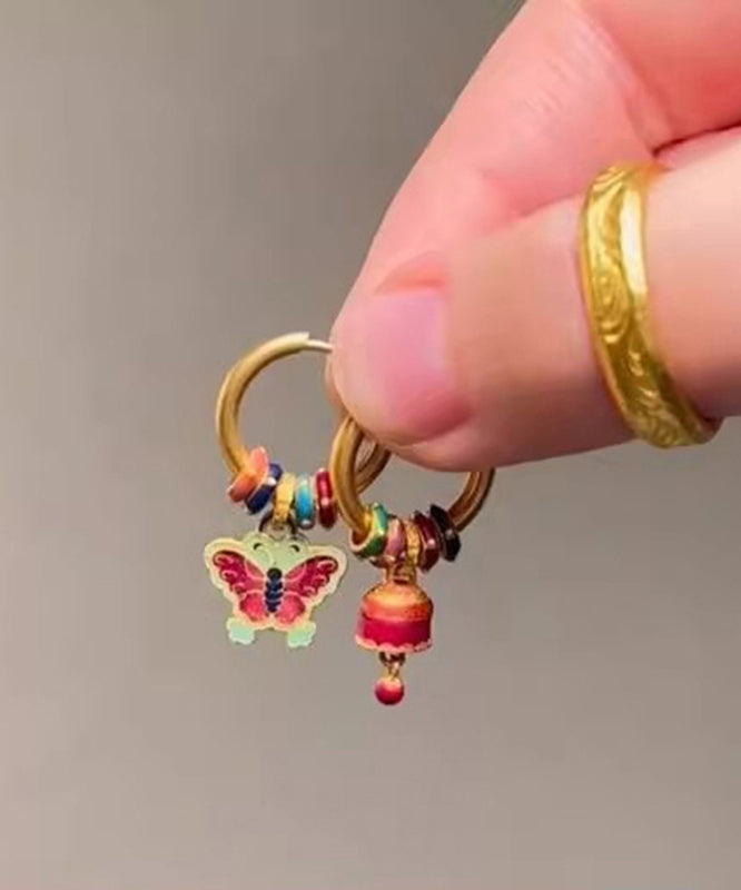 Gold Ancient Gold Asymmetric Butterfly Bell Ename Drop Earrings