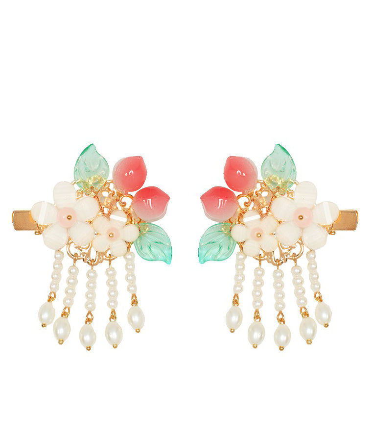 Fine White Alloy Pearl Resin Peach Tassel a Pair Hairpin