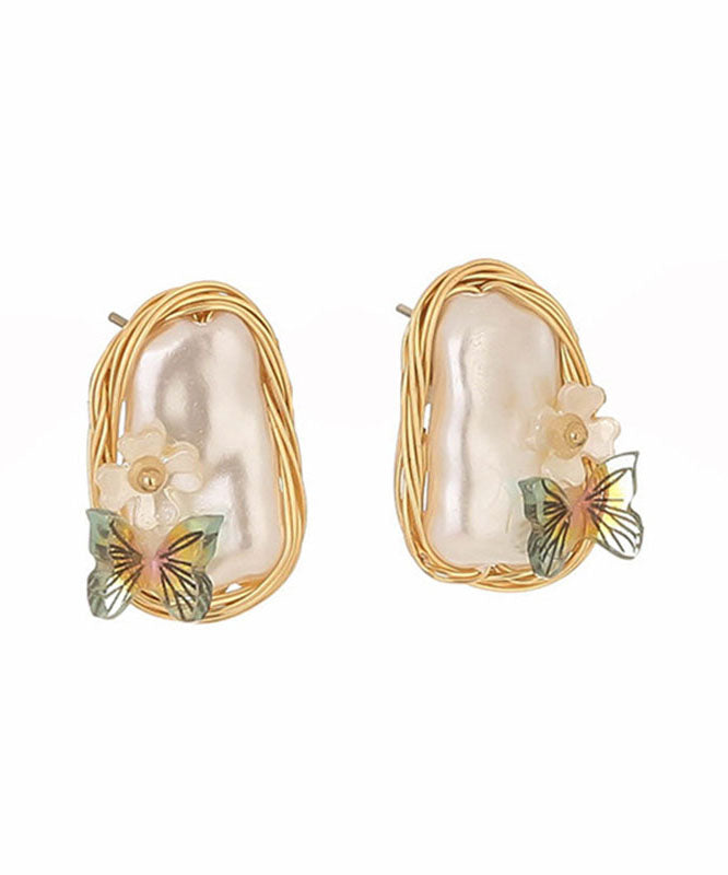 Yellow Handmade Pearl Butterfl Stud Earrings