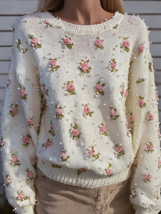 Comstylish Vintage Pink Roses & Pearls Embroidered Cozy Knit Sweater