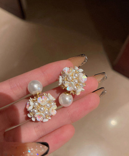 Art White Alloy Acrylic Pearl Zircon Stud Earrings
