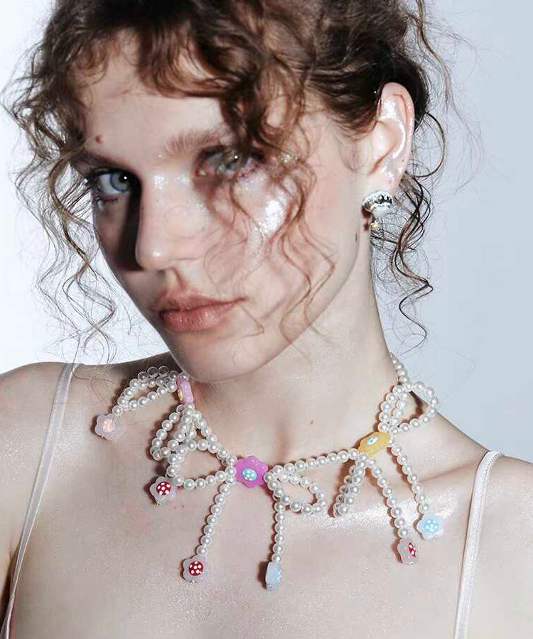 Art White Alloy Beading Pearl Bow Tassel Pendant Necklace Qj014