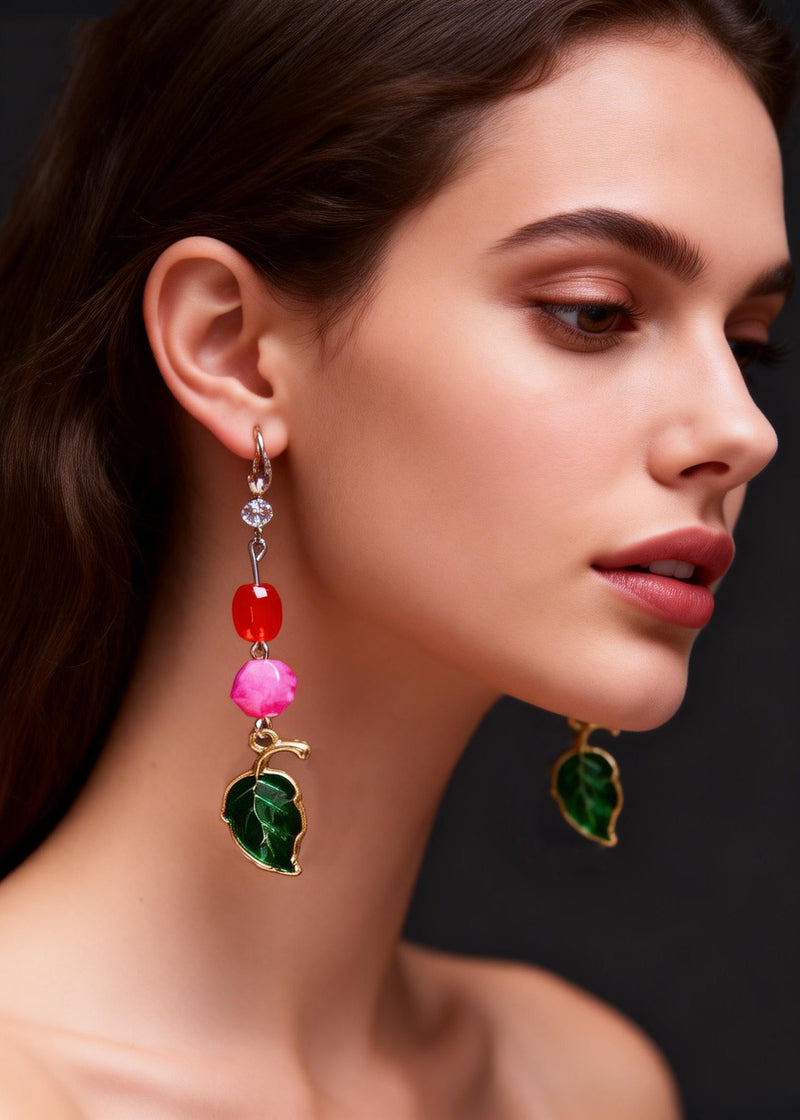 Green Leaf Asymmetrical Jade Zircon Drop Earrings