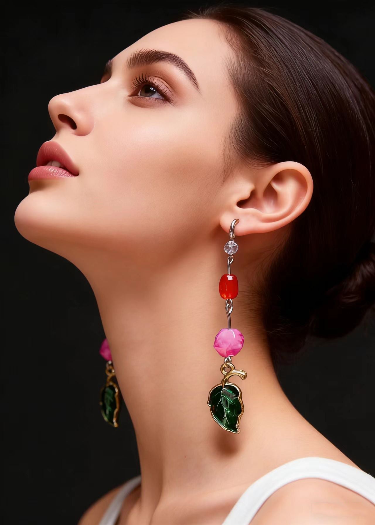 Green Leaf Asymmetrical Jade Zircon Drop Earrings