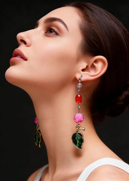 Green Leaf Asymmetrical Jade Zircon Drop Earrings