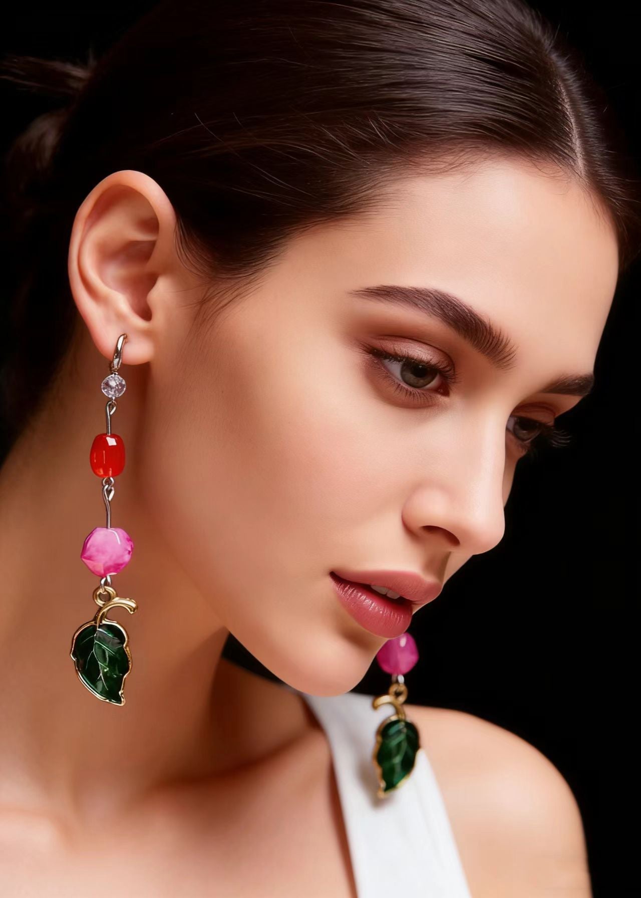Green Leaf Asymmetrical Jade Zircon Drop Earrings