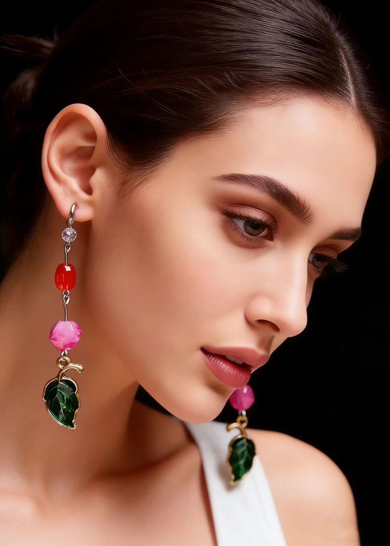 Green Leaf Asymmetrical Jade Zircon Drop Earrings