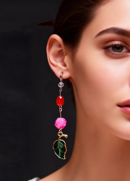 Green Leaf Asymmetrical Jade Zircon Drop Earrings