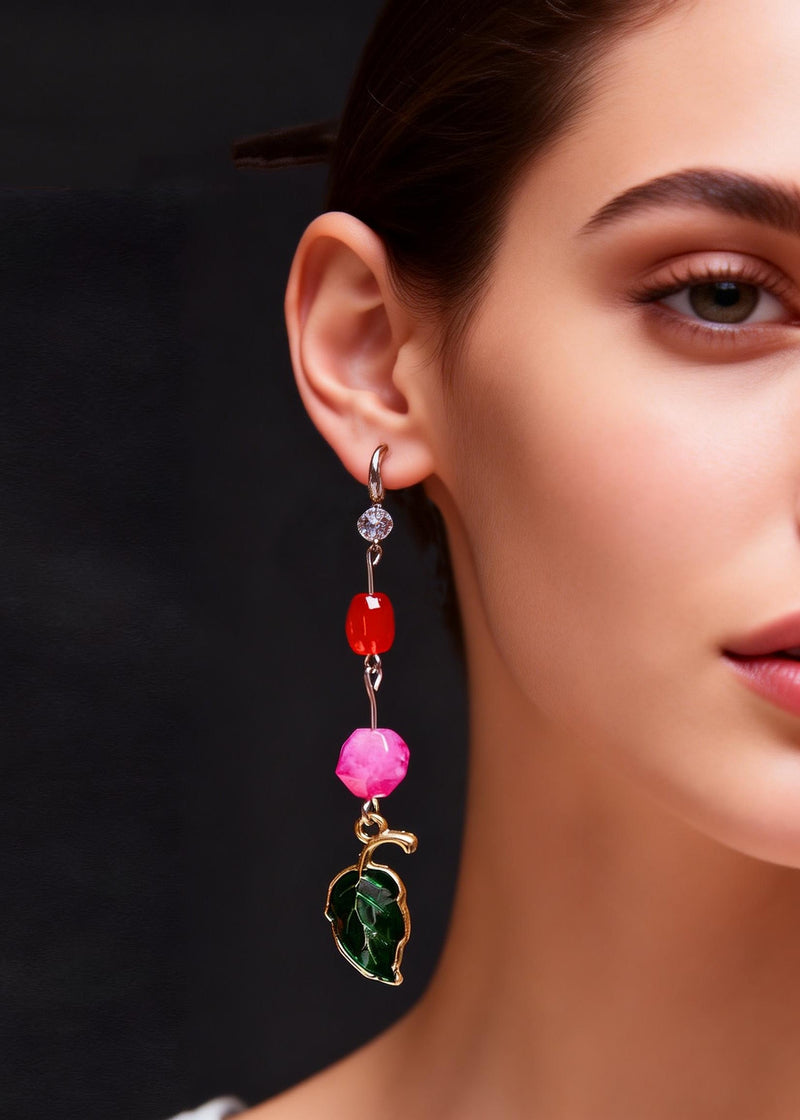 Green Leaf Asymmetrical Jade Zircon Drop Earrings