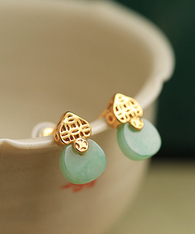 Light Green Sterling Silver Overgild Jade Stud Earrings