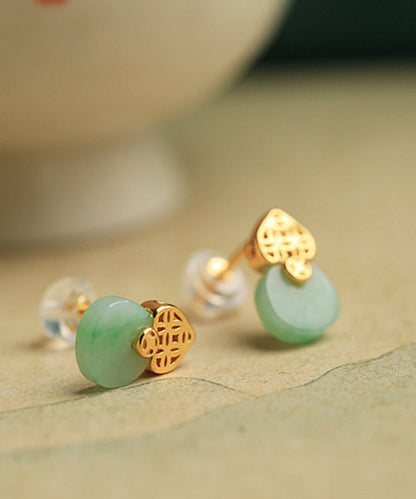 Light Green Sterling Silver Overgild Jade Stud Earrings