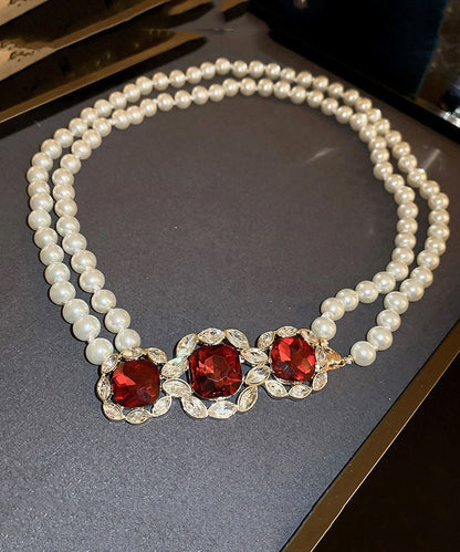 Red Alloy Zircon Bilayer Pearl Gratuated Bead Necklace Gh1022