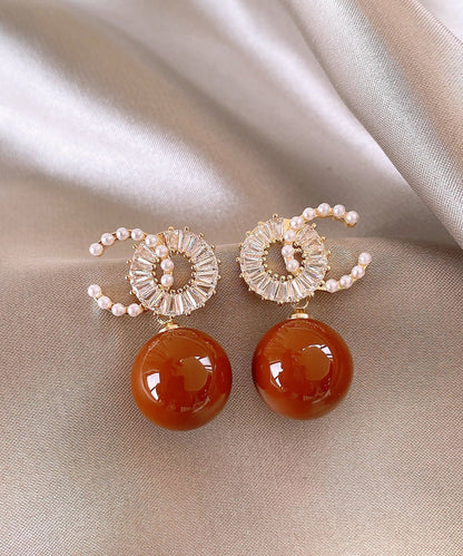 Red Copper Alloy Zircon Pearl Drop Earrings