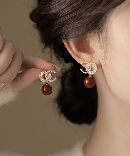 Red Copper Alloy Zircon Pearl Drop Earrings
