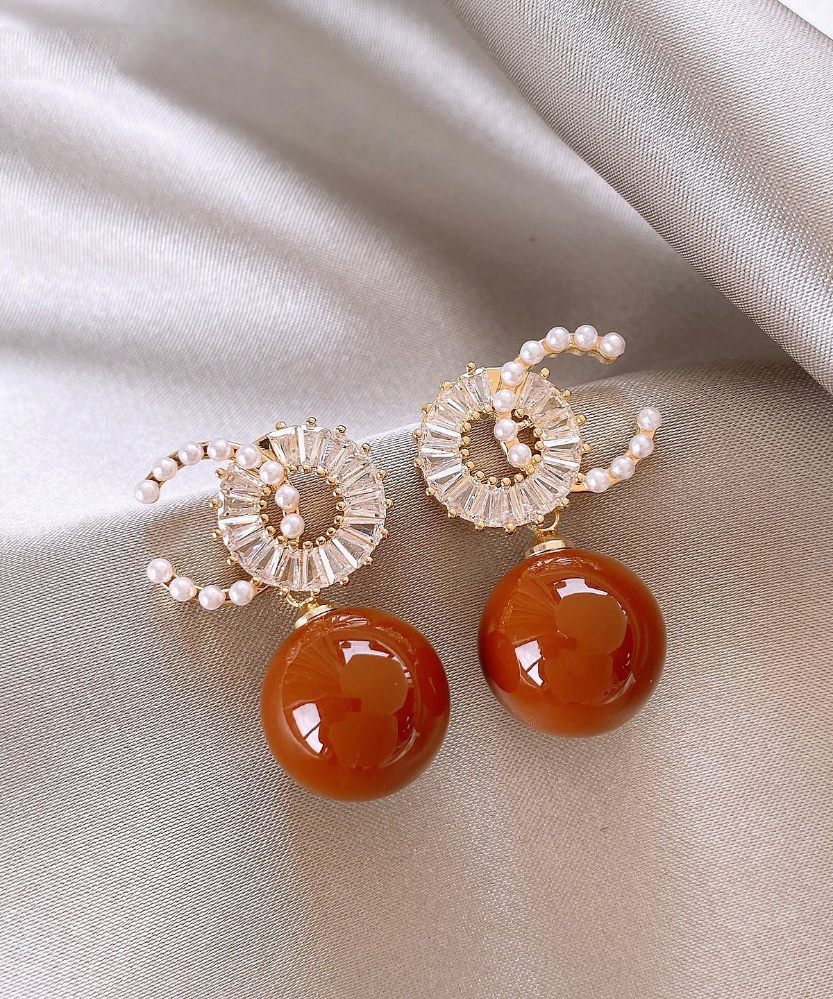 Red Copper Alloy Zircon Pearl Drop Earrings