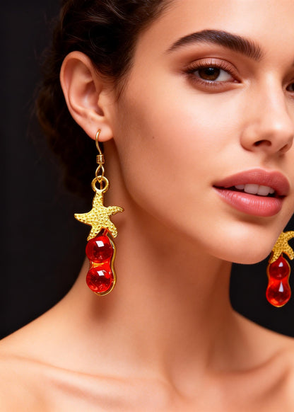 Red Gem Stone Starfish Design Drop Earrings