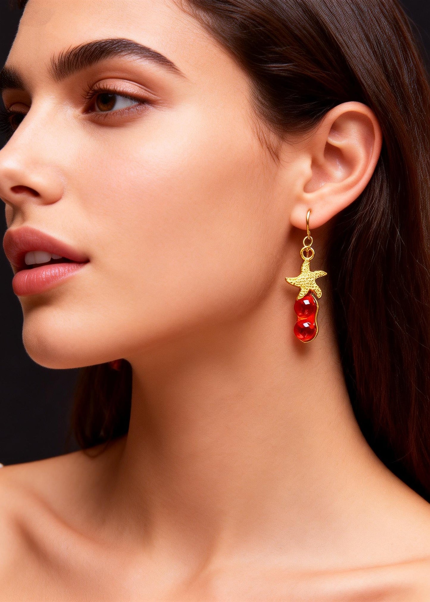 Red Gem Stone Starfish Design Drop Earrings
