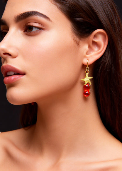 Red Gem Stone Starfish Design Drop Earrings